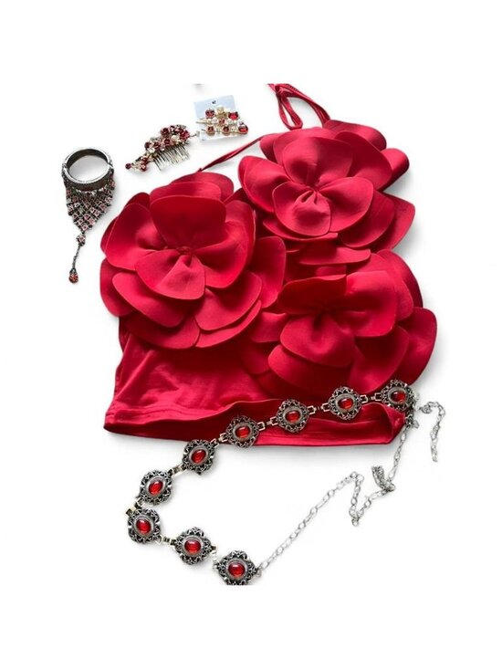 The Unbranded Brand Tops - Red Flower Small Crop Top w/Red Belt Hair Accessories Pearls Roses Victorian Set